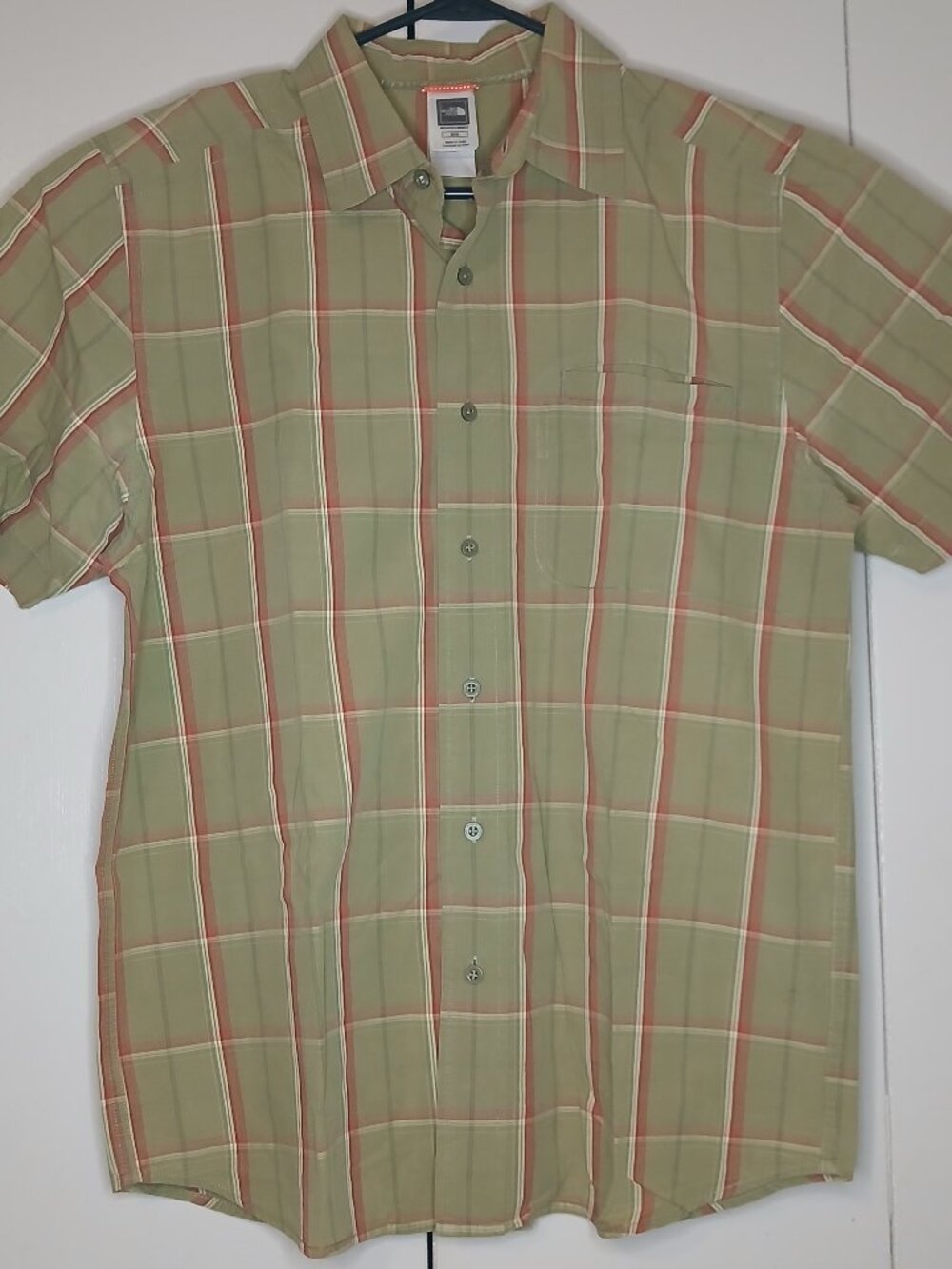 The North Face Men's Medium Short Sleeve Tan Red Plaid Cotton Shirt (1148J)
